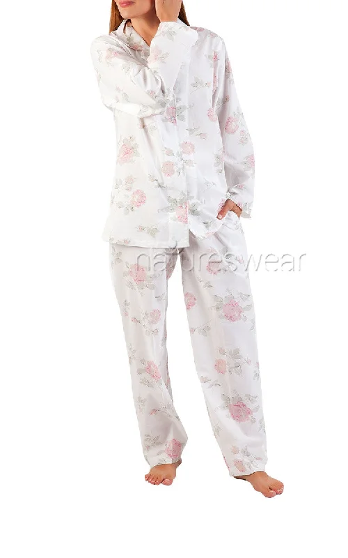 Arabella 100% Cotton Pyjama with Long Sleeve in White and Rose Floral MD-751F1