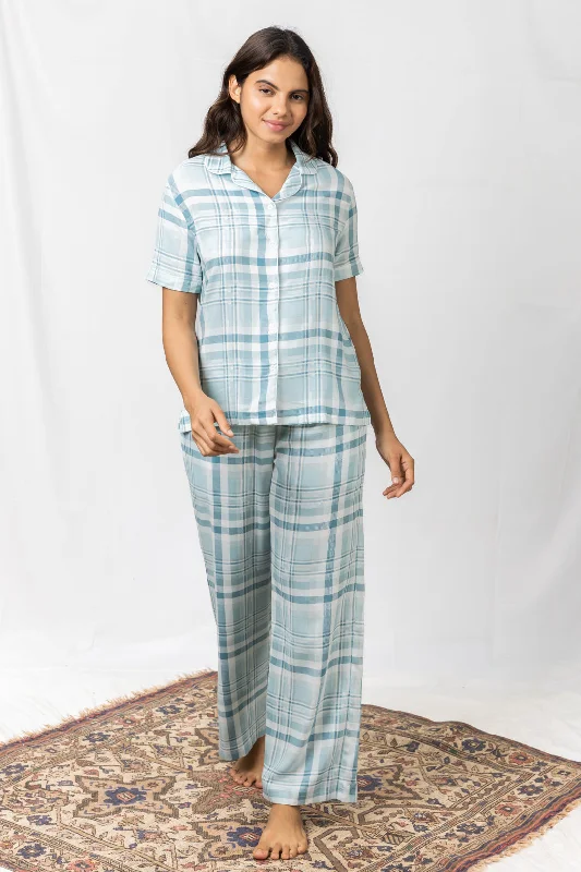 Arctic Check Blue Cotton Women's Pajama Set