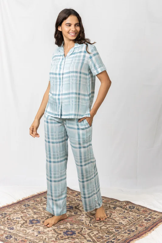 Arctic Check Blue Cotton Women's Pajama Set