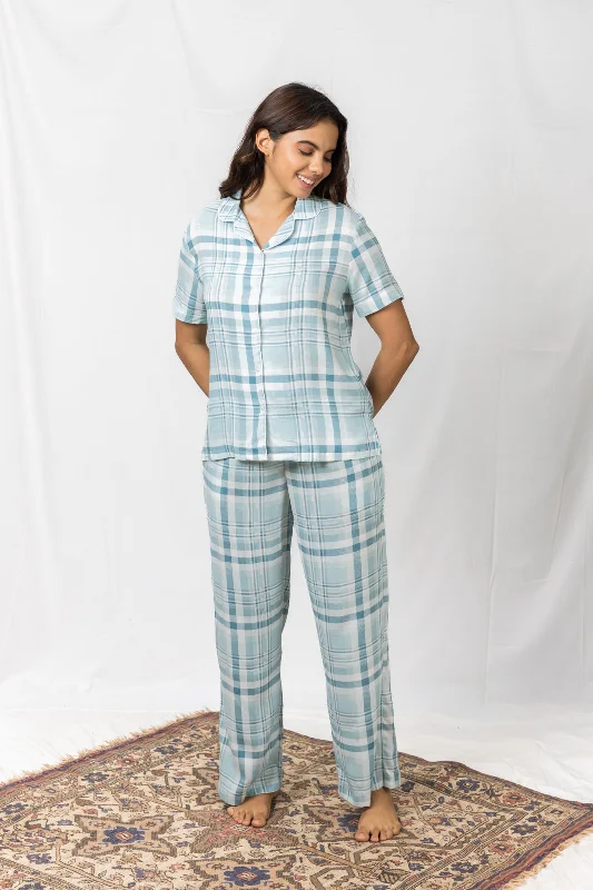 Arctic Check Blue Cotton Women's Pajama Set