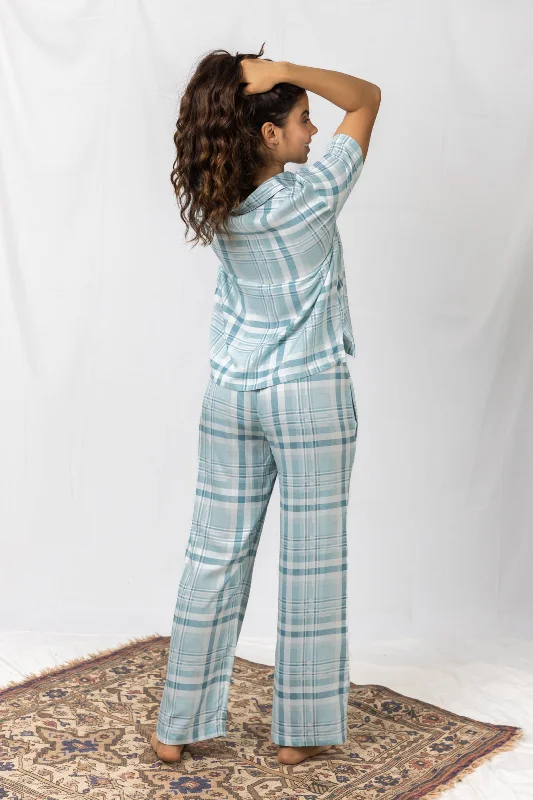 Arctic Check Blue Cotton Women's Pajama Set