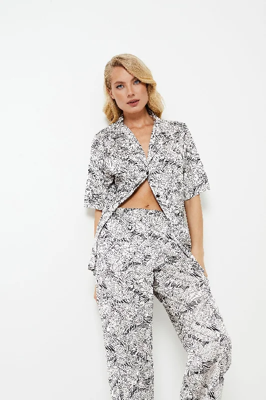 Aruelle Ladies Short Sleeve Pyjamas 'Klaudie' Black & White Leaf Print PJ Set