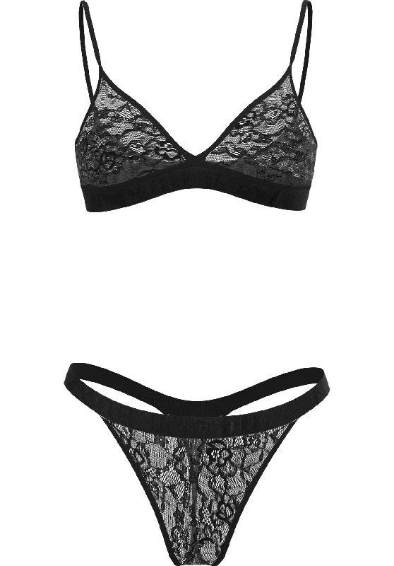 ""Black Lace"" - Triangle Lace Set of Bralette & Thong/Briefs with Adjustable Straps