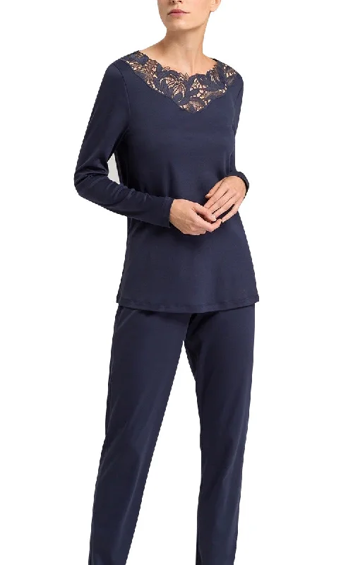 Hanro 100% Cotton Pyjama with Long Sleeve in Navy Felice 7982