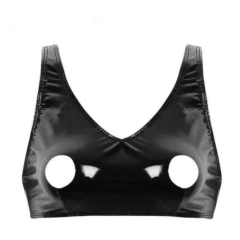 High-gloss PVC patent leather sexy bra topless zipper sexy bra