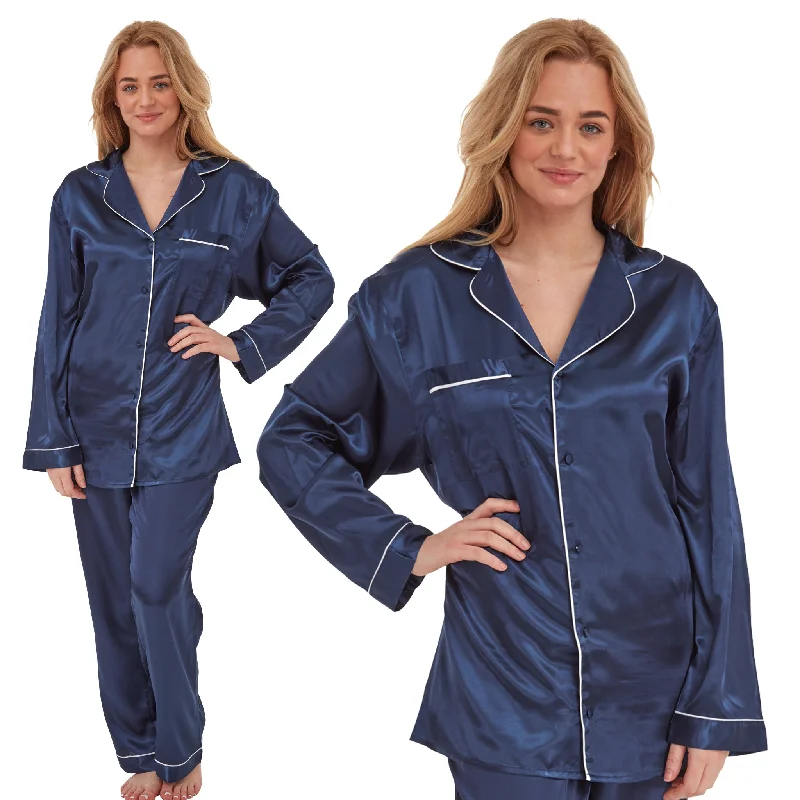 Sexy Satin Plain Navy Blue Pyjamas PJs Set White Detailing Negligee Lingerie PLUS SIZE