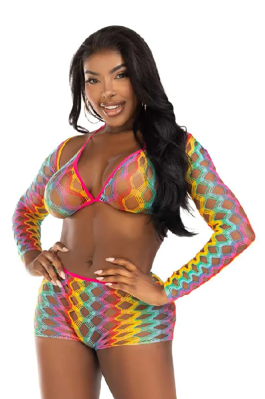 Rainbow hardcore net bra top, shrug, and boy shorts