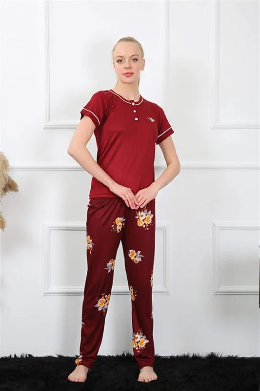 Women's Claret Red Short Sleeve Pajamas Suit 20388