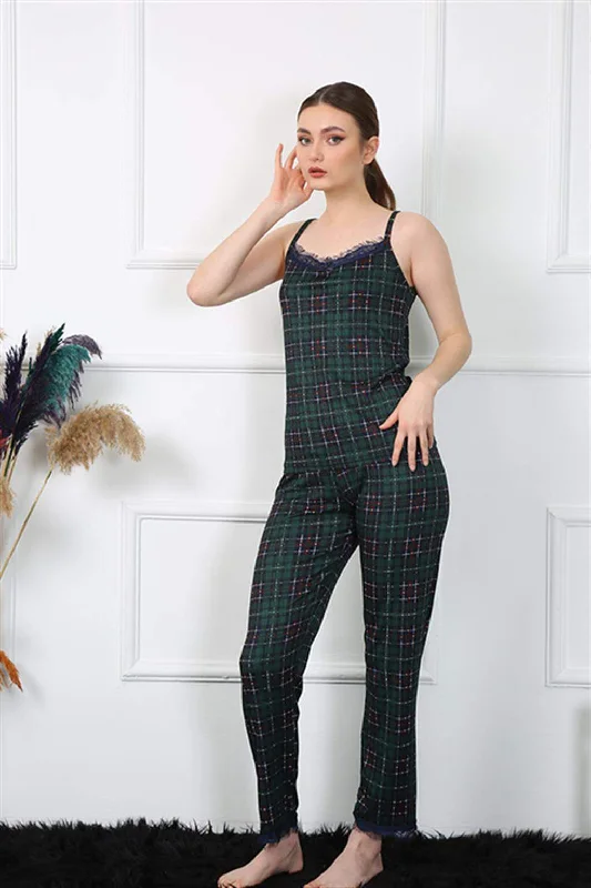 Women's Rope Strap Green Plaid Pajamas Set 4135