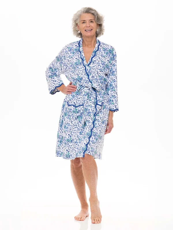 Blue Floral Pima Knit Short Classic Robe