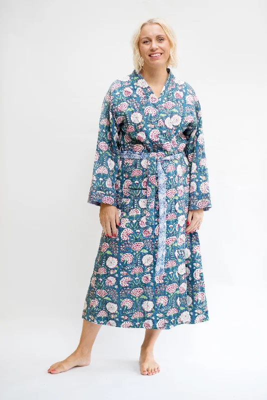 Luxury Quilted Hand Block Print Robe - Blue & Raspberry Red Print