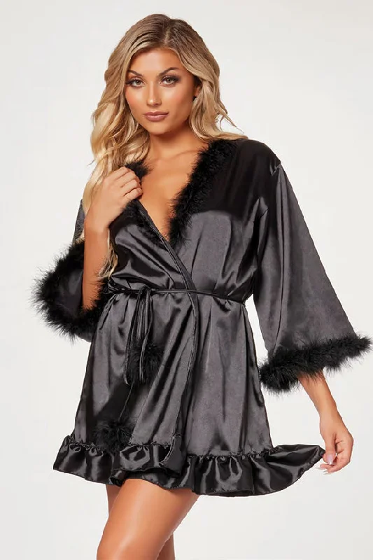 Faux Crepe Silk Robe With Marabou Trim