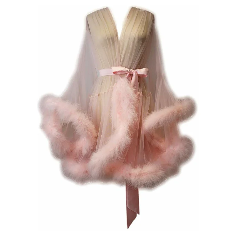 ""Night In"" Blush Pink Handmade Sheer Fluffy Mini Marabou Feather Robe