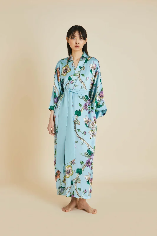 Queenie Ceres Blue Floral Robe in Silk Satin