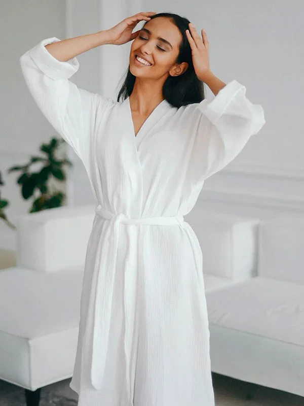 Robe de Chambre Femme mi-Longue en Coton Blanc ""Nid Douillet""