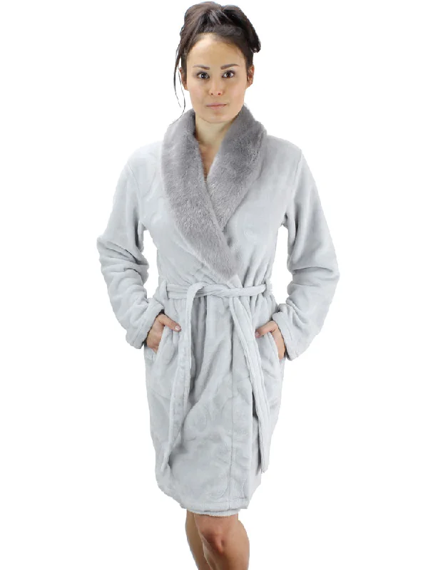 Short Fleece Robe with Faux Fur Collar