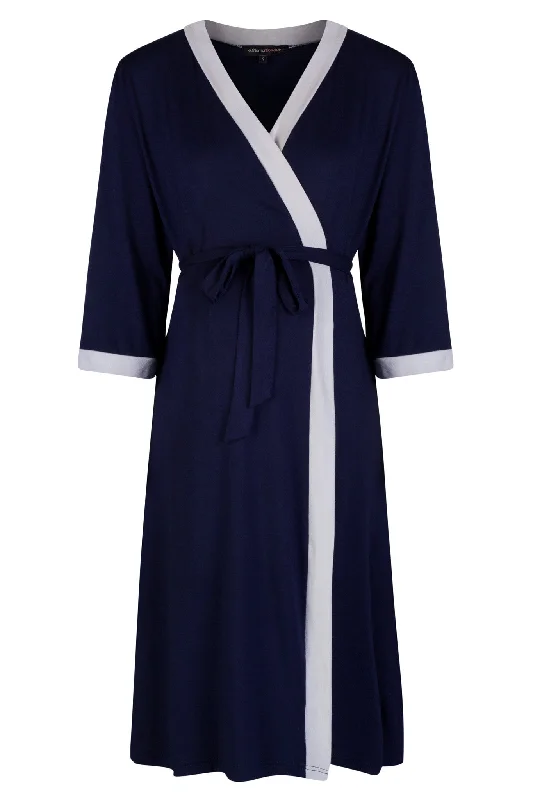 Vogue Dressing Gown - Navy/Soft Grey