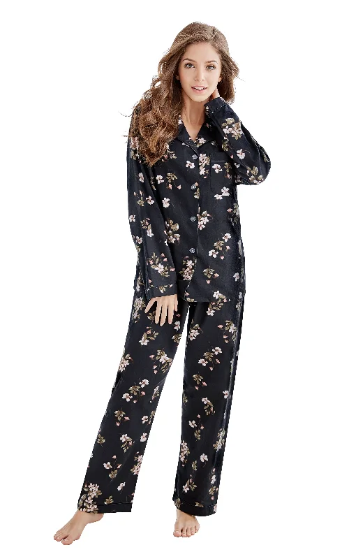 Women's Cotton Long Sleeve Flannel Pajama Set-Black Floral Print